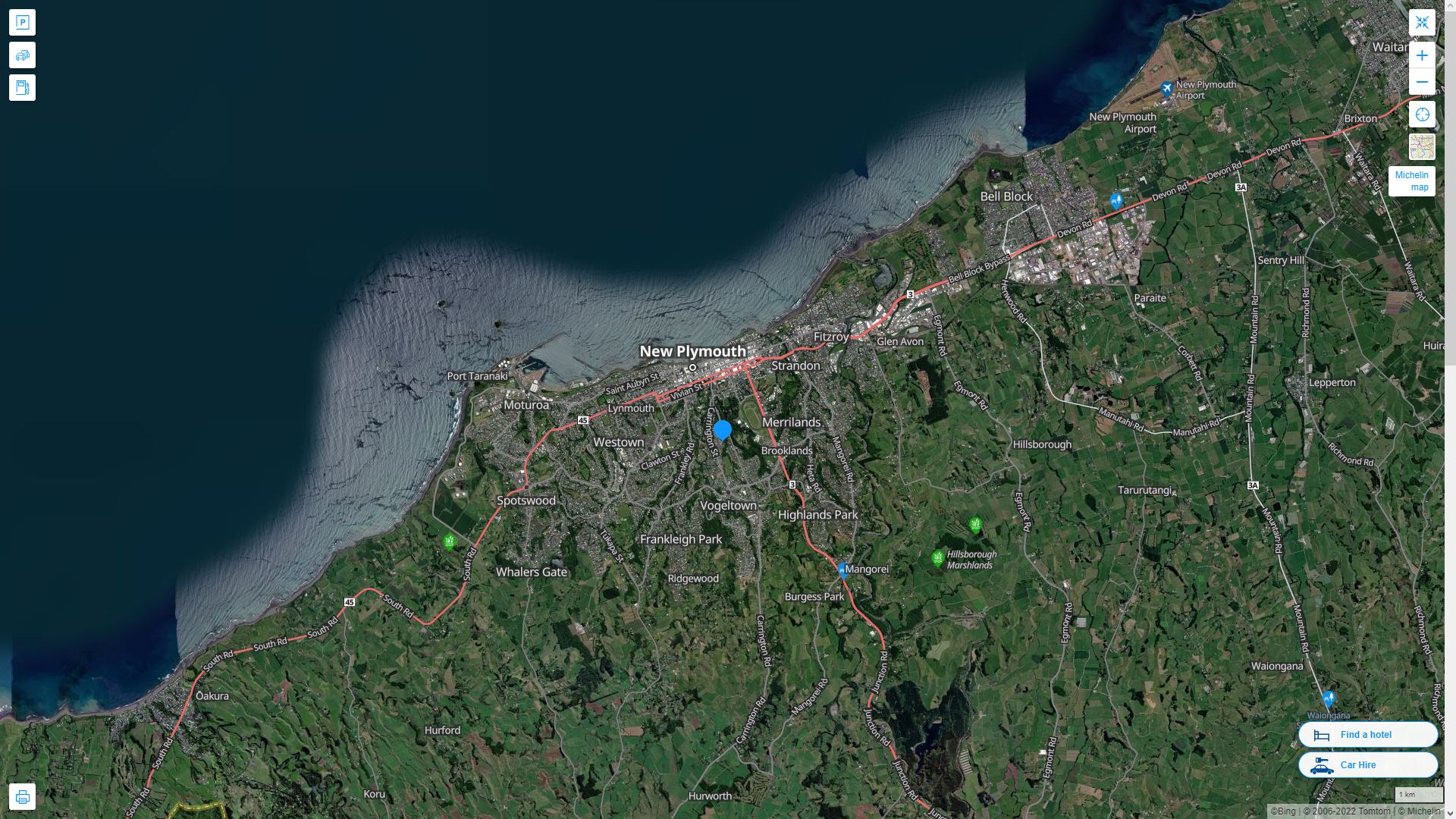 New Plymouth Nouvelle Zelande Autoroute et carte routiere avec vue satellite